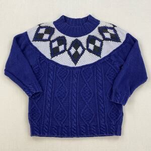 Vintage Sweater Size Large Blue Purple Cotton Fair Isle Cable Knit Geometric 90s